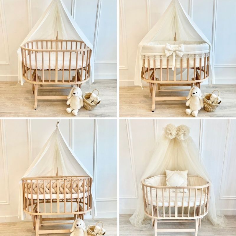 wiegje bekleden met wiegbekleding, luxe wieg, wieg met vlecht, wiegje met hemel, wiegje met matras, wieg omrander, wieg aankleding, ovaal wiegje, ovaal babywieg, babybedje, babyrace, beste wiegje