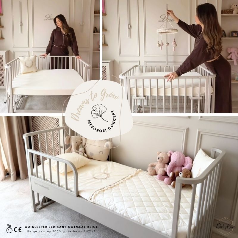 van beige cosleeper naar kinderbed babyrace, doorgroeiledikant, meegroeibed in oatmeal beige, babyrace babybed en kinderbed in één