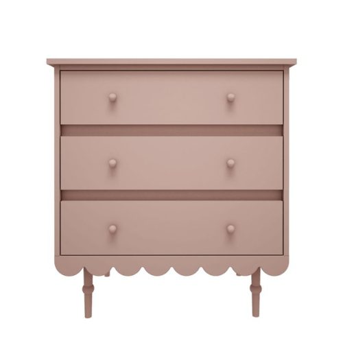 Roze commode met 3 lades, commode met ronde vormen, commode babushka woodluck