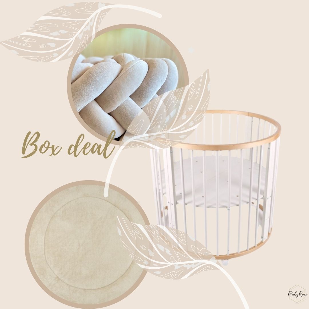 Babybox deal, Hout-wit ronde box, bokleed, boxvlecht, box aankleding, park aankleding, grondbox, speelbox