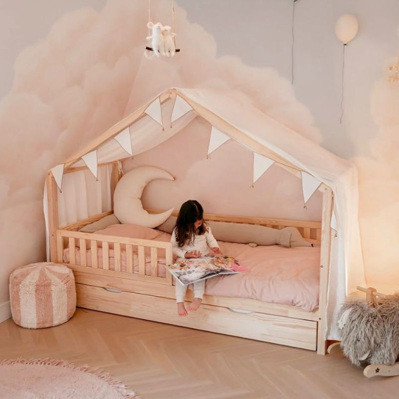 Peuterbedje dallas naturel, naturel peuterbedje, kinderbedje, peuterbedje met dak