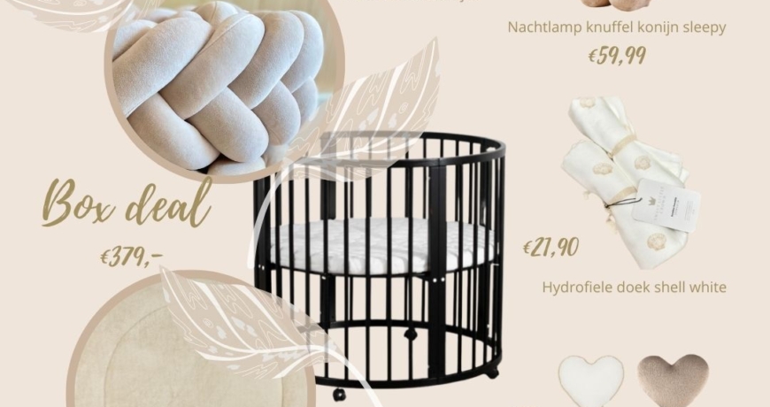 Babybox deal, zwarte ronde box, bokleed, boxvlecht, box aankleding, park aankleding, grondbox, speelbox