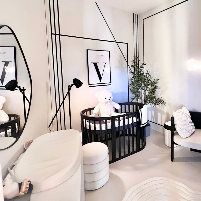 ovaal wiegje en ledikant 7-1 antraciet grijs ovaal wiegje en ledikant 7-1 antraciet grijs, zwart babybedje, zwart ovaal ledikantje, zwarte babykamer, minimalistisch baby interieur