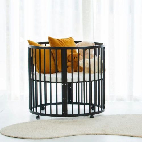 zwarte ronde box, zwart babypark, boxaankleding, ronde box, rond babypark, zwarte grondbox, speelbox met wieltjes