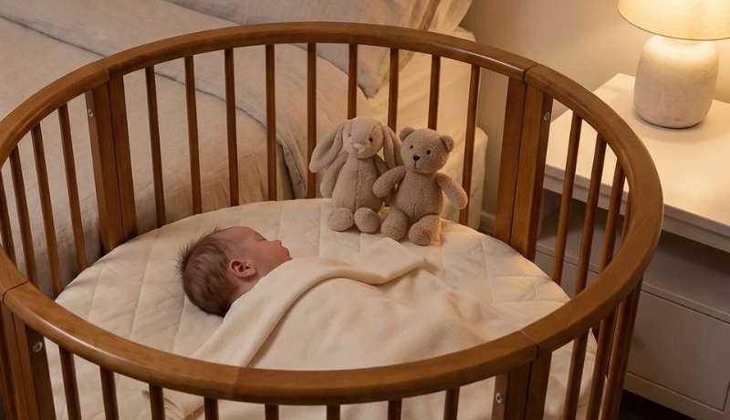 walnoot ronde box in japandi stijl, rond wiegje, box 85cm, inclusief rond boxmatras, ronde speelbox baby