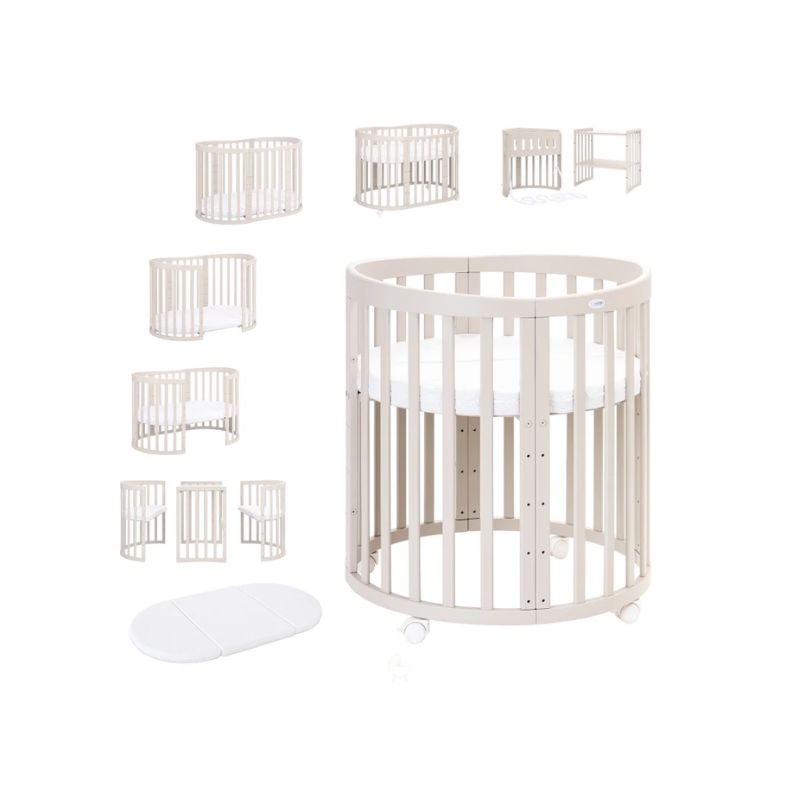 7-1 ledikant beige cashmere waldin, meegroeibed, beige doorgroeiledikant, rond wiegje, beige babykamer