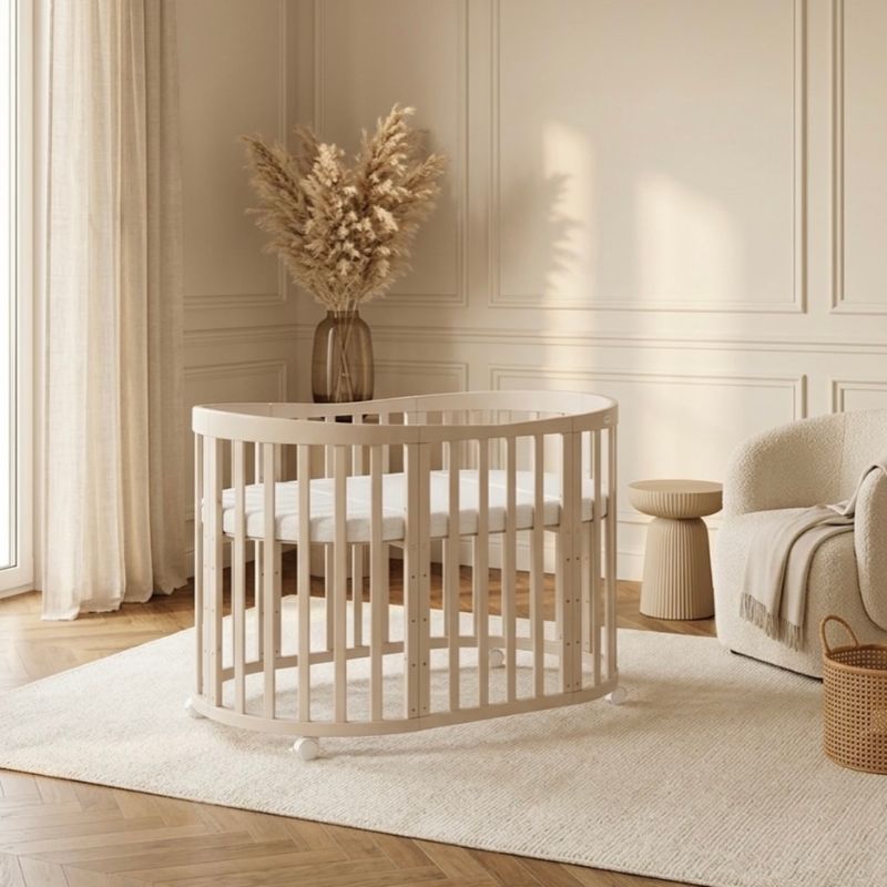 ovaal ledikant beige cashmere waldin, beige ovaal babybedje, beige babykamer, beige meegroeibed